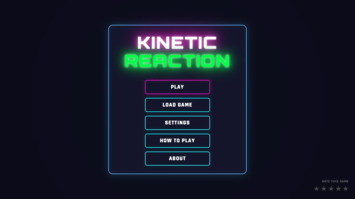 Kinetic Reaction 2D game interface showing a dynamic grid with particle effects and turn-based gameplay.