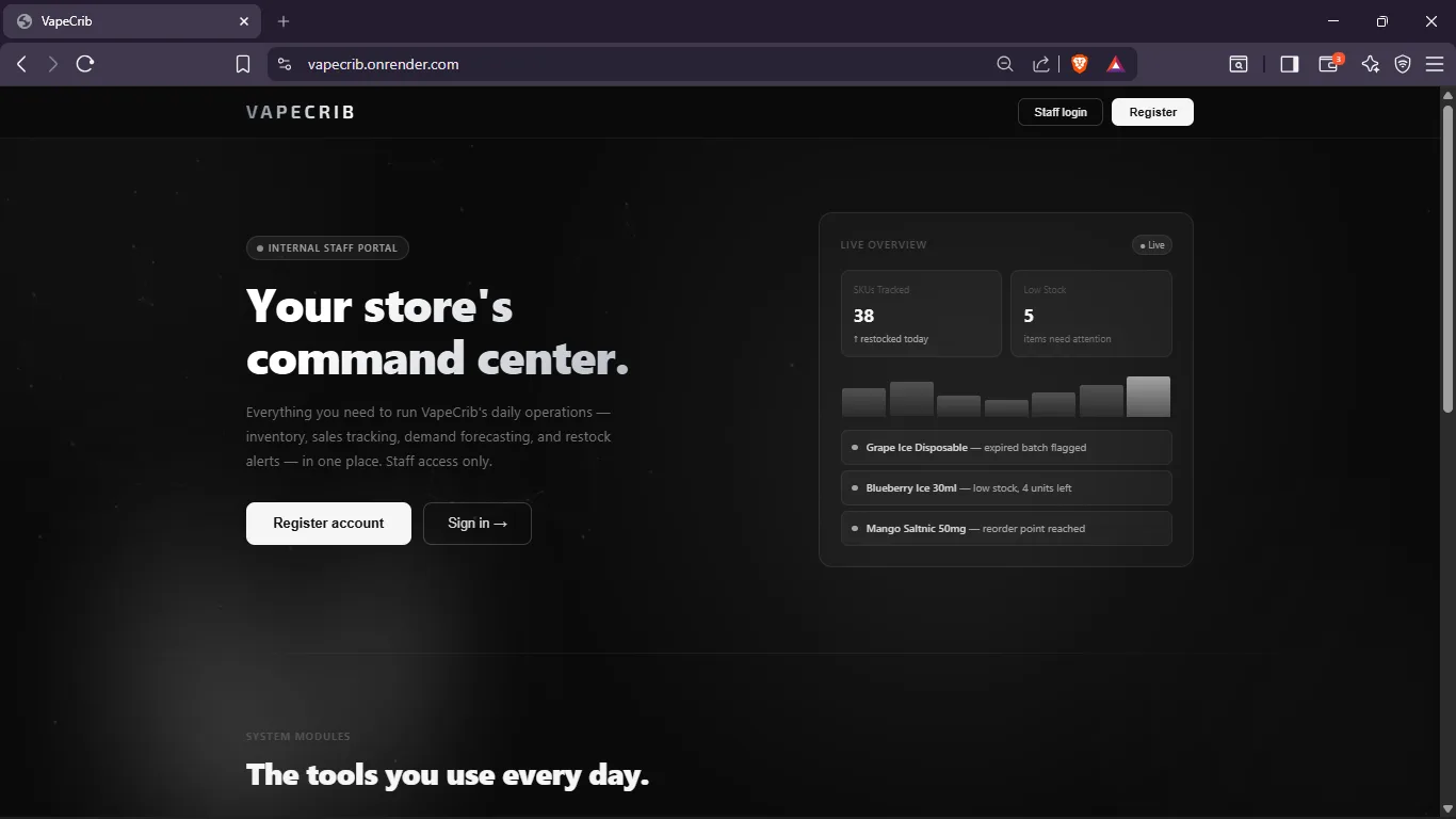 Predictive dashboard interface with sales trends, stock alerts, and restocking insights.