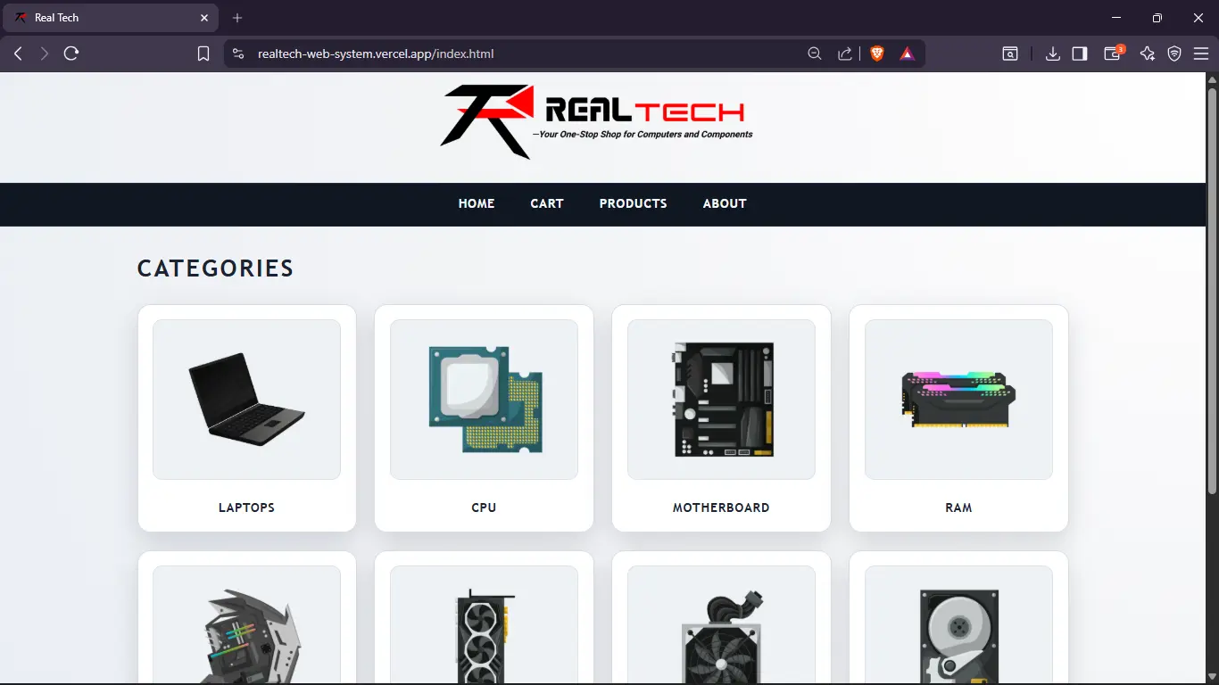 Realtech Web interface showing a multi-page hardware catalog with semantic HTML and CSS styling.