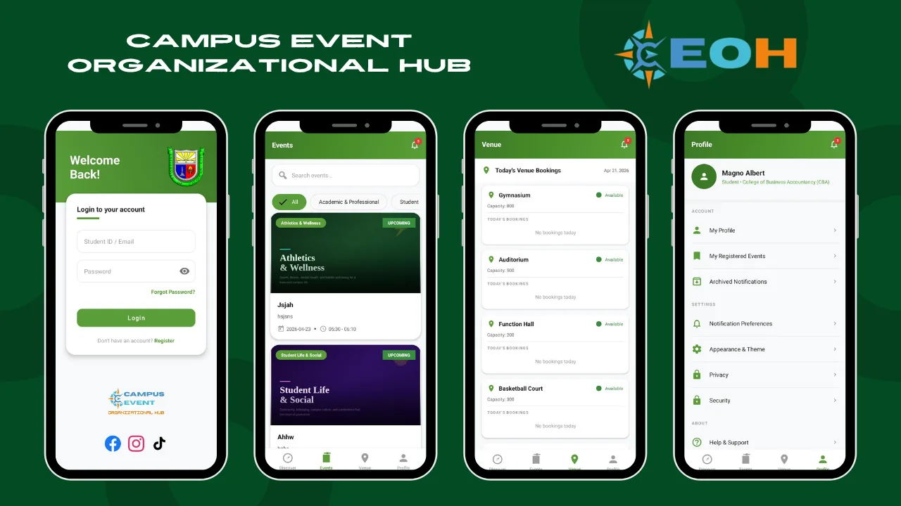 Campus event management hub showing event listings, schedules, and organization workflow tools.